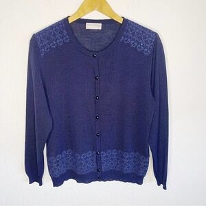 Olga Santoni Classic Blue Knit Embroidery Detail Button-Front Sweater Size USA44